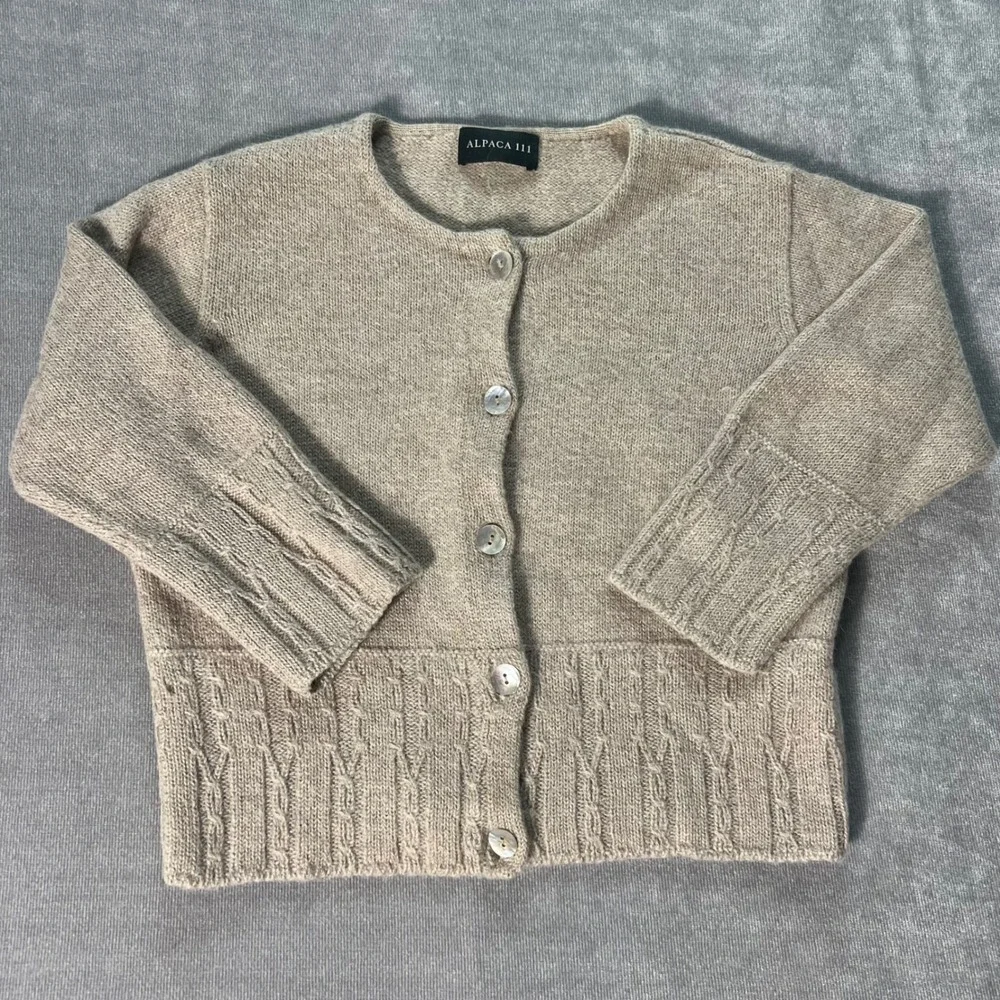 Alpaca 111 Baby Alpaca Wool Cardigan Sweater Beige Cable Knit Womens Large READ* - Picture 1 of 6